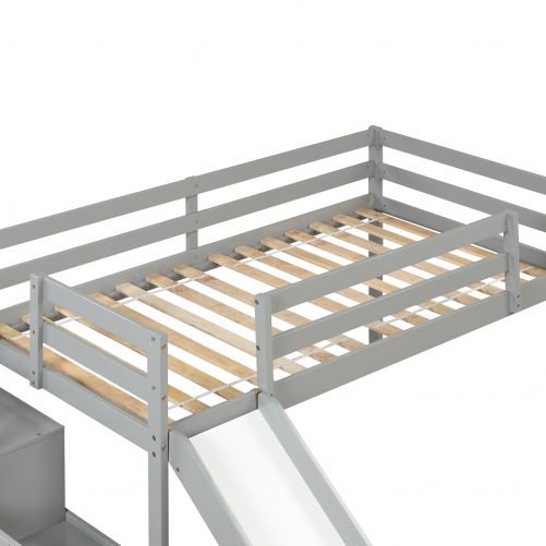 Twin Size Loft Bed With Staircase, Storage, Slide and Full-length Safety Guardrails