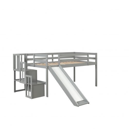 Twin Size Loft Bed With Staircase, Storage, Slide and Full-length Safety Guardrails