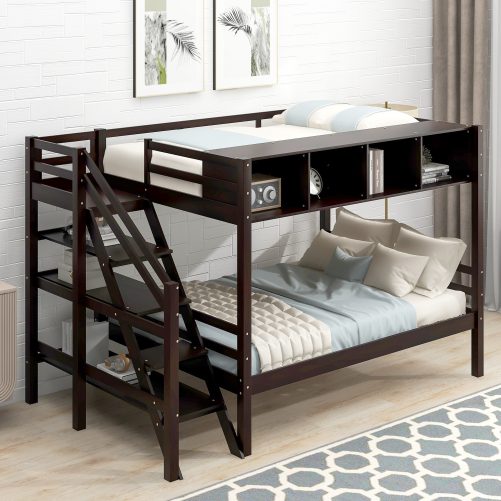 Twin over Full Bunk Bed with Staircase and Built-in Storage Cabinets