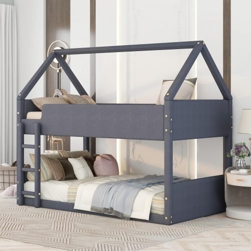 Twin Size Upholstery House Platform Bed With Headboard And Footboard
