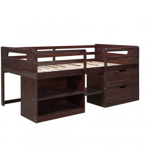Wooden Twin Size Loft Bed With Two Shelves And Two Drawers