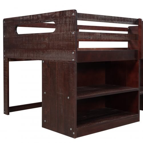 Wooden Twin Size Loft Bed With Two Shelves And Two Drawers