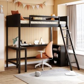 Wooden Twin Size Loft Bed With Shelves And Desk