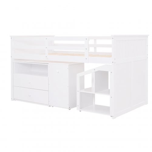 Low Study Twin Size Loft Bed With Staircase and Portable Desk