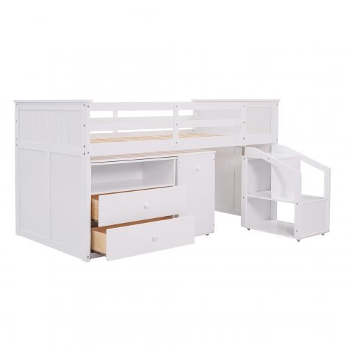 Low Study Twin Size Loft Bed With Staircase and Portable Desk