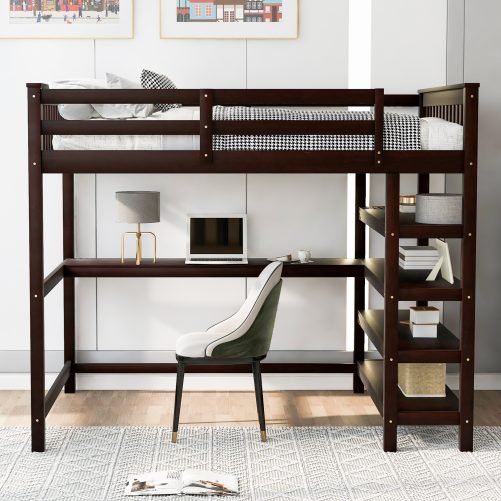 Full Size Loft Bed with Storage Shelves and Under Bed Desk