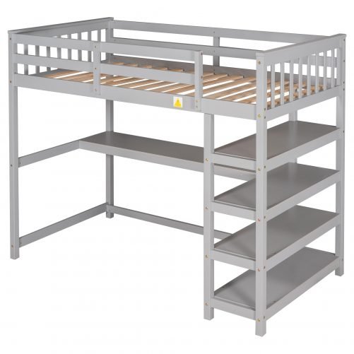 Twin Size Loft Bed with Storage Shelves and Under-Bed Desk