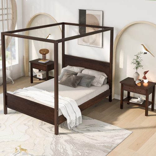 Queen Size Wood Canopy Bed With Two Nightstands, Bedroom Set
