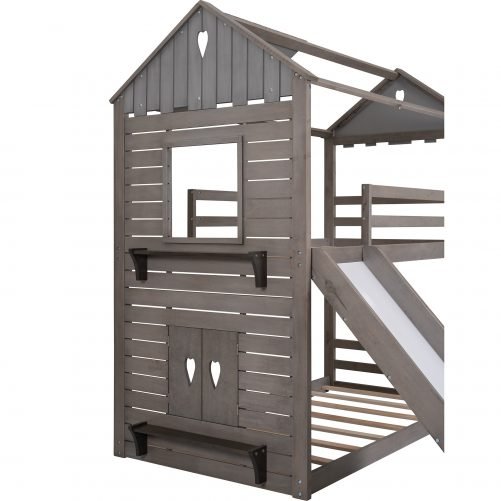 Wood Twin Over Twin Bunk Bed With Roof, Window, Slide, and Ladder