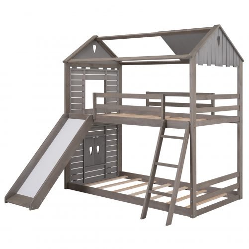 Wood Twin Over Twin Bunk Bed With Roof, Window, Slide, and Ladder