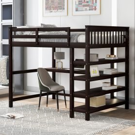 Full Size Loft Bed with Storage Shelves and Under Bed Desk
