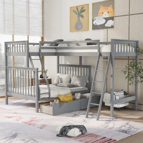 L-Shaped Twin over Full Bunk Bed and Twin Size Loft Bed with Two Storage Drawers