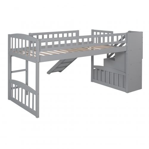 Twin Size Loft Bed With Stairway, Two Drawers And Slide