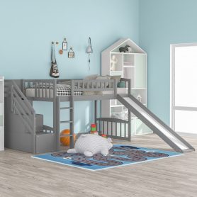 Twin Size Loft Bed With Stairway, Two Drawers And Slide