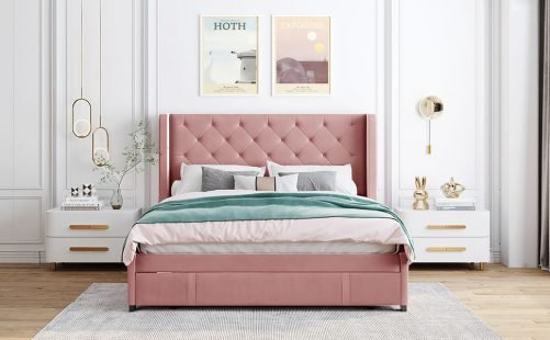 Velvet Upholstered Queen Size Storage Platform Bed With Wingback Headboard And A Big Drawer