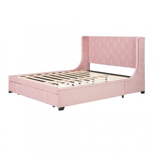Velvet Upholstered Queen Size Storage Platform Bed With Wingback Headboard And A Big Drawer