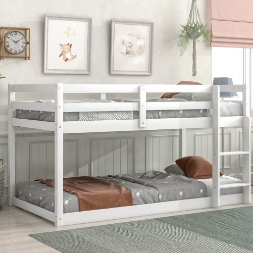 Twin Size Low Bunk Bed with Full-length Safety Guardrails