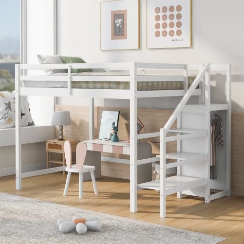 Full Size Loft Bed with Built-in Storage Wardrobe and Staircase
