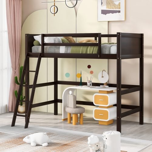 Wooden Twin Size Loft Bed With Ladder