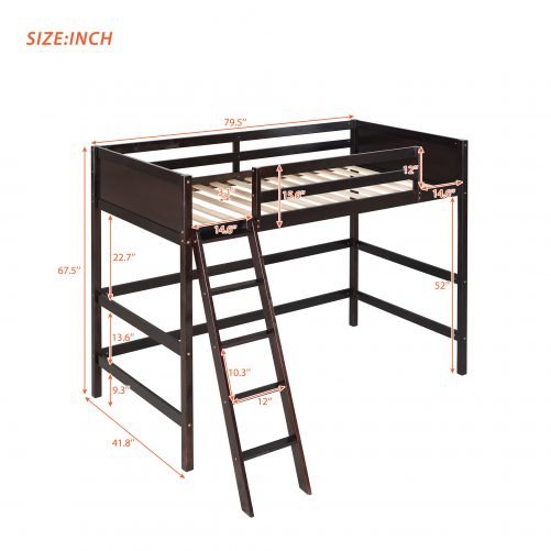 Wooden Twin Size Loft Bed With Ladder