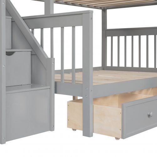 Twin over Full L-Shaped Bunk Bed With 3 Drawers, Ladder And Staircase