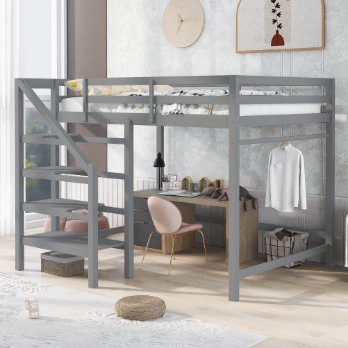 Full Size Loft Bed With Built-in Storage Staircase And Hanger For Clothes
