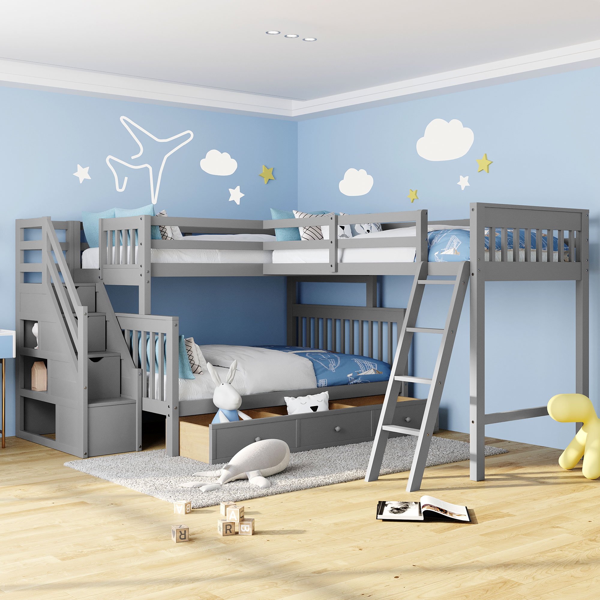 Sturen Medaille vertel het me Twin over Full L-Shaped Bunk Bed With 3 Drawers, Ladder And Staircase -  Cool Toddler Beds