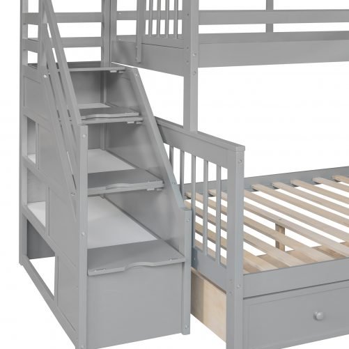 Twin over Full L-Shaped Bunk Bed With 3 Drawers, Ladder And Staircase