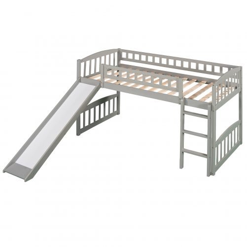 Wooden Twin Size Loft Bed With Slide and Ladder