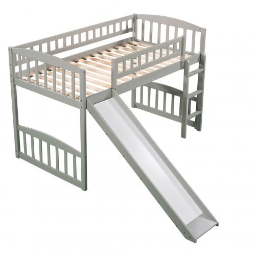 Wooden Twin Size Loft Bed With Slide and Ladder