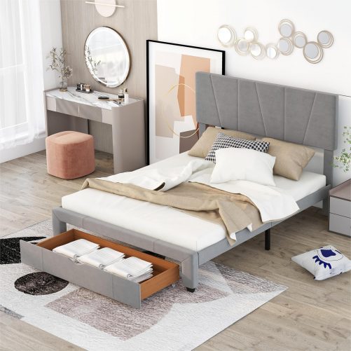 Queen Size Upholstery Platform Bed With One Drawer, Adjustable Headboard
