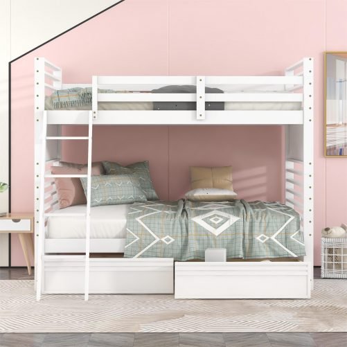 Wood Twin Over Twin Bunk Bed With Two Drawers and Ladder