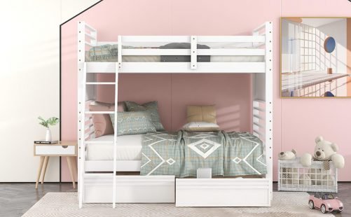 Wood Twin Over Twin Bunk Bed With Two Drawers and Ladder