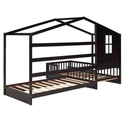 L-Shaped 2 Twin House Bed With Fence And Slatted Frame