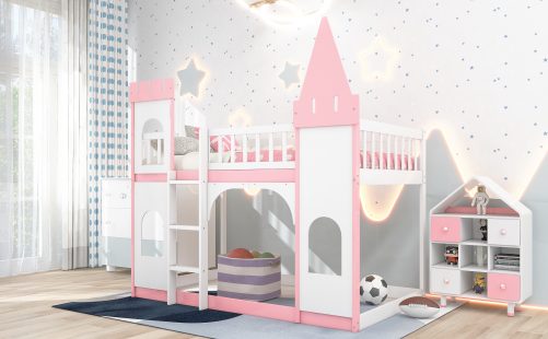 Wood Twin Over Twin Princess Castle Bunk Bed With Ladder