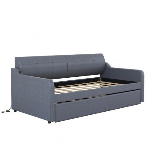 Twin Size Upholstery DayBed with Trundle and USB Charging