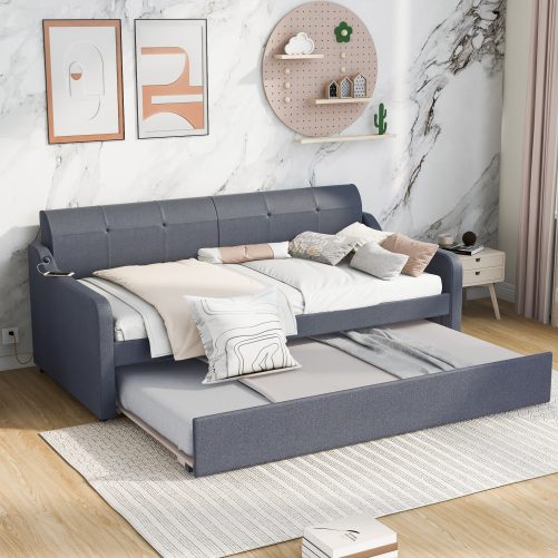Twin Size Upholstery DayBed with Trundle and USB Charging