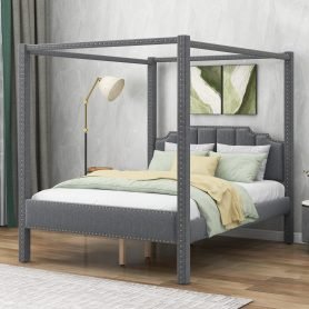 Queen Size Upholstery Canopy Platform Bed With Headboard