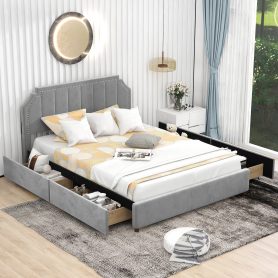 Queen Size Upholstery Platform Bed with Four Storage Drawers