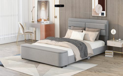 Queen Size Upholstery Platform Bed with Storage Headboard and Footboard