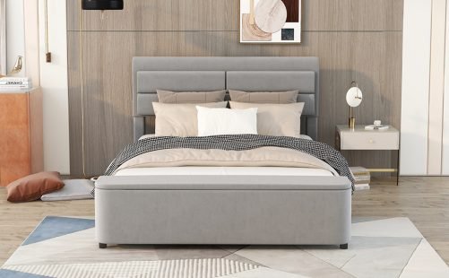 Queen Size Upholstery Platform Bed with Storage Headboard and Footboard
