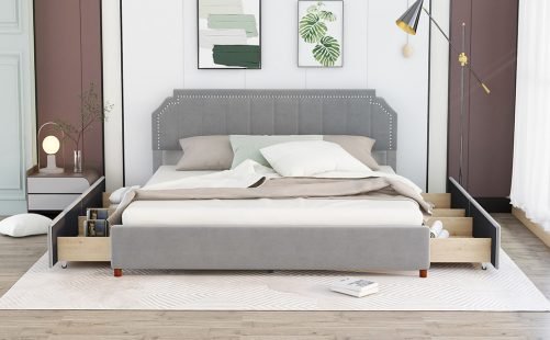 King Size Upholstery Platform Bed with Four Storage Drawers