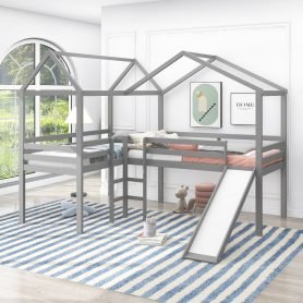 House Shape Twin Size Loft Bed Wood Bed with Roof, Slide and Guardrail