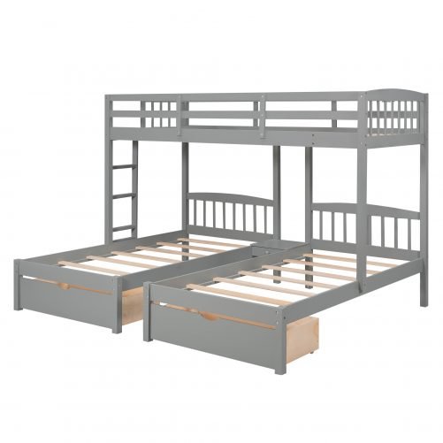 Twin Over Twin & Twin Bunk Bed With Two Drawers And Built-in Middle Shelf