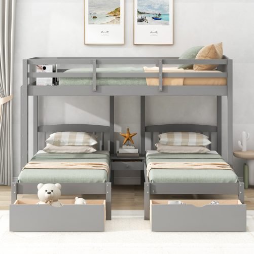 Twin Over Twin & Twin Bunk Bed With Two Drawers And Built-in Middle Shelf