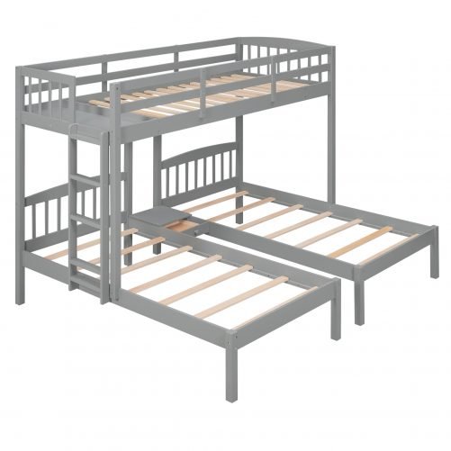 Twin over Twin & Twin Bunk Bed with Built-in Middle Shelf
