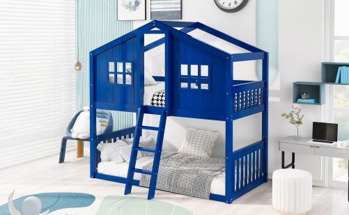 Wooden Twin Over Twin House Bunk Bed With Ladder