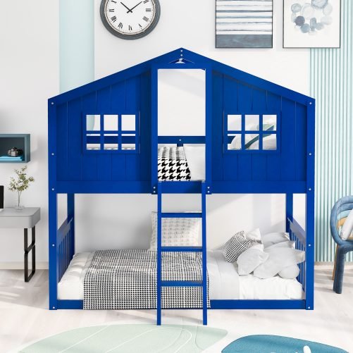 Wooden Twin Over Twin House Bunk Bed With Ladder