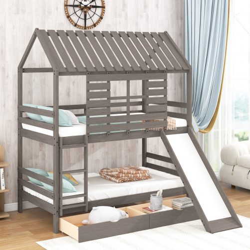 Twin Over Twin Size House Bunk Bed With Convertible Slide And Two Drawers