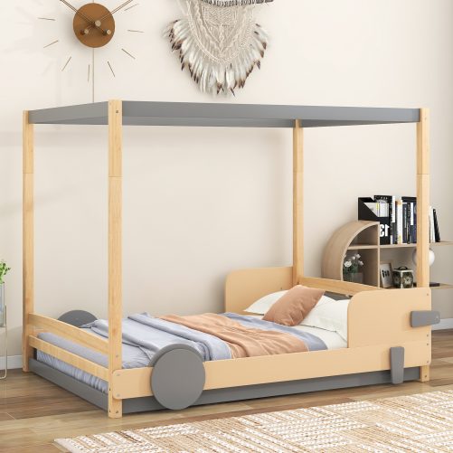 Car Shaped Full Size Canopy Platform Bed With Wheels